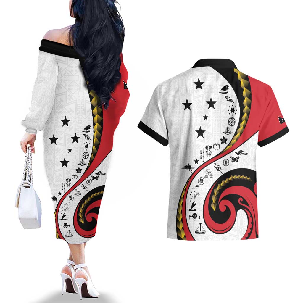 Papua New Guinea 50th Independence Anniversary Couples Matching Off The Shoulder Long Sleeve Dress and Hawaiian Shirt Special Style White Version LT05 - Polynesian Pride