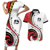 Papua New Guinea 50th Independence Anniversary Couples Matching Short Sleeve Bodycon Dress and Hawaiian Shirt Special Style White Version LT05 White - Polynesian Pride