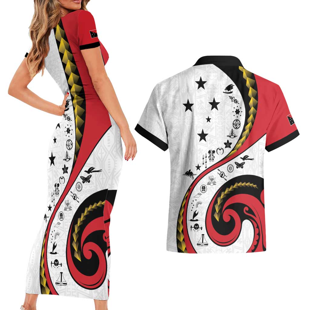 Papua New Guinea 50th Independence Anniversary Couples Matching Short Sleeve Bodycon Dress and Hawaiian Shirt Special Style White Version LT05 - Polynesian Pride