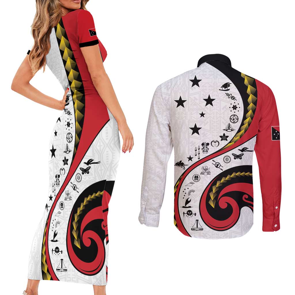 Papua New Guinea 50th Independence Anniversary Couples Matching Short Sleeve Bodycon Dress and Long Sleeve Button Shirt Special Style White Version LT05 - Polynesian Pride