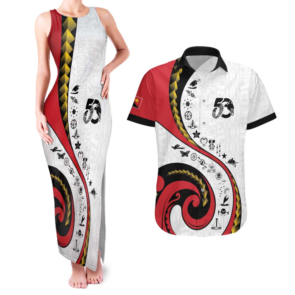 Papua New Guinea 50th Independence Anniversary Couples Matching Tank Maxi Dress and Hawaiian Shirt Special Style White Version LT05 White - Polynesian Pride