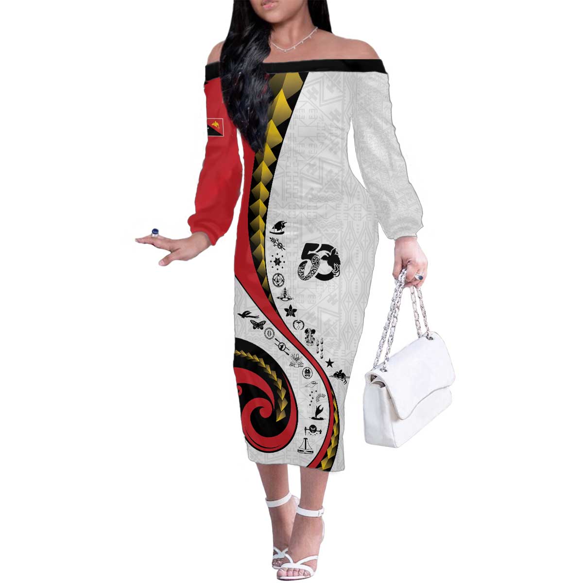 Papua New Guinea 50th Independence Anniversary Family Matching Off The Shoulder Long Sleeve Dress and Hawaiian Shirt Special Style White Version LT05 Mom's Dress White - Polynesian Pride