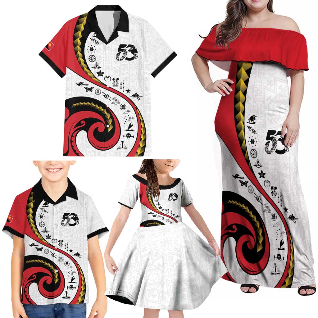 Papua New Guinea 50th Independence Anniversary Family Matching Off Shoulder Maxi Dress and Hawaiian Shirt Special Style White Version LT05 - Polynesian Pride