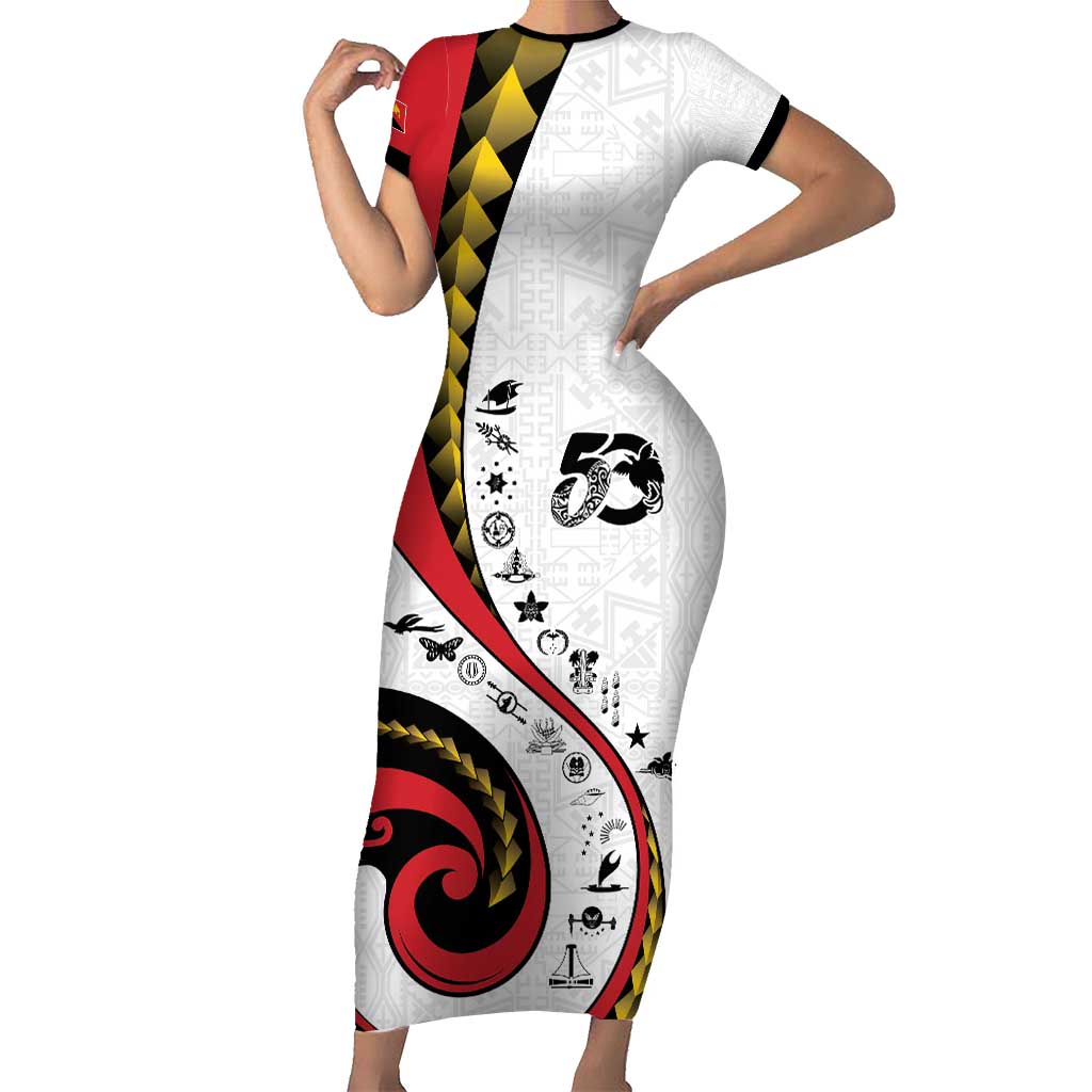 Papua New Guinea 50th Independence Anniversary Family Matching Short Sleeve Bodycon Dress and Hawaiian Shirt Special Style White Version LT05 Mom's Dress White - Polynesian Pride