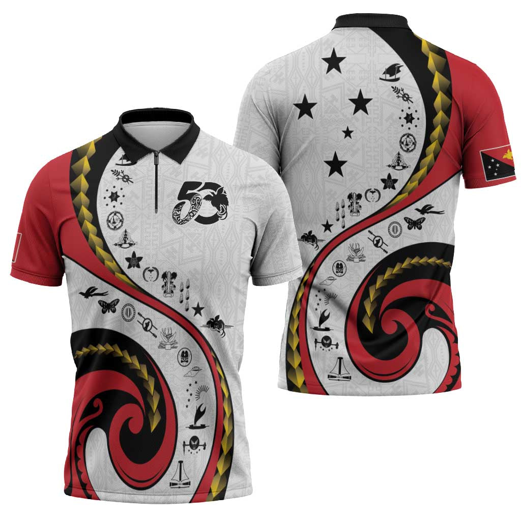 Papua New Guinea 50th Independence Anniversary Zipper Polo Shirt Special Style White Version - Polynesian Pride