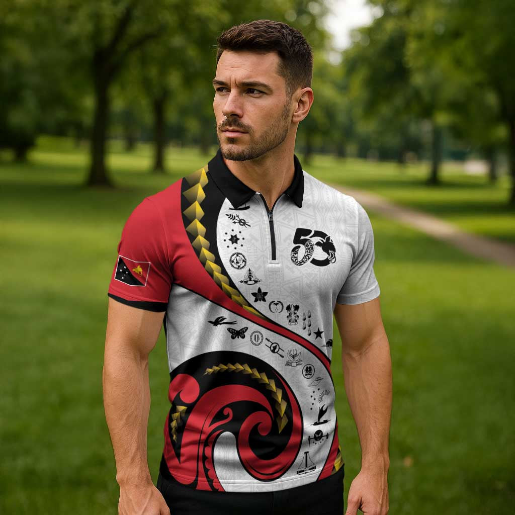 Papua New Guinea 50th Independence Anniversary Zipper Polo Shirt Special Style White Version - Polynesian Pride