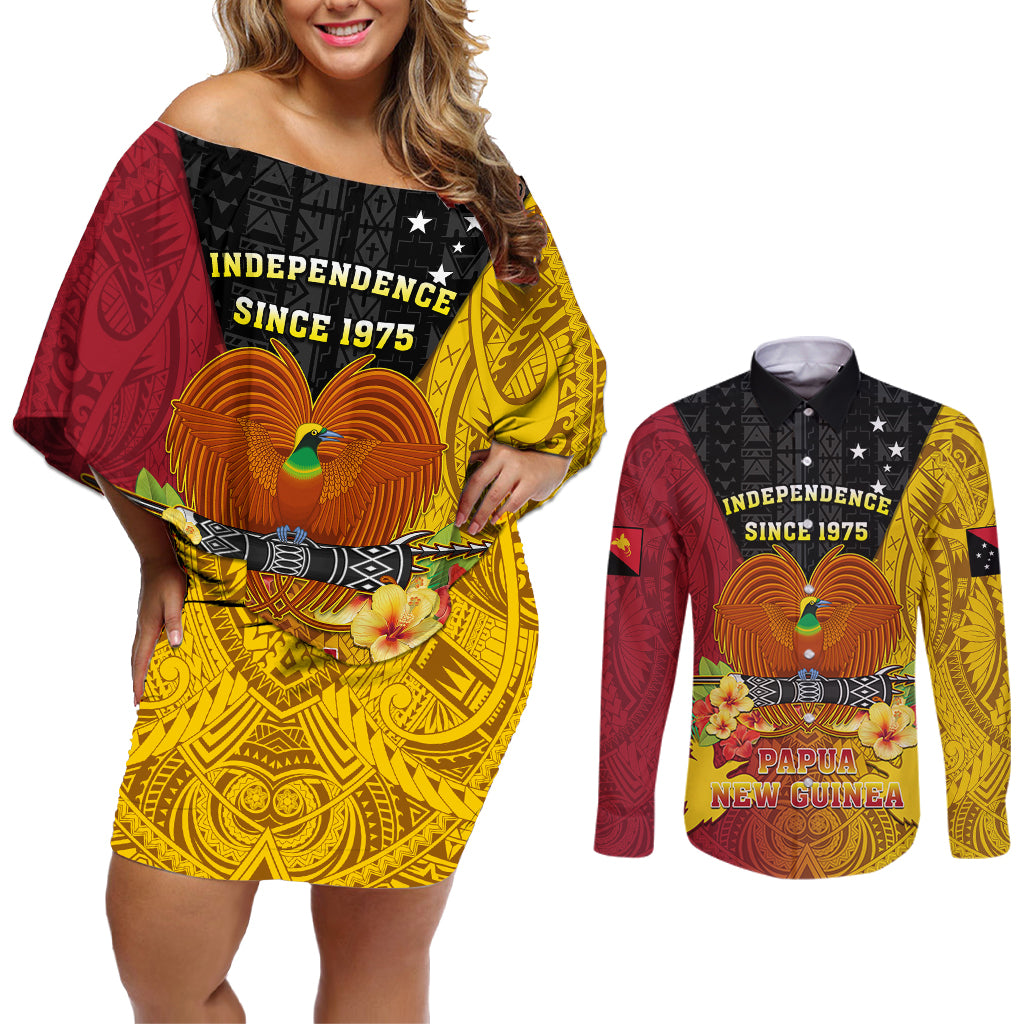 Personalized Papua New Guinea Independence Day Couples Matching Off Shoulder Short Dress and Long Sleeve Button Shirts Bird Of Paradise With Polynesian Pattern LT05 Yellow - Polynesian Pride