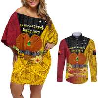 Personalized Papua New Guinea Independence Day Couples Matching Off Shoulder Short Dress and Long Sleeve Button Shirts Bird Of Paradise With Polynesian Pattern LT05 Yellow - Polynesian Pride