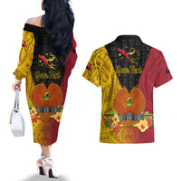 Personalized Papua New Guinea Independence Day Couples Matching Off The Shoulder Long Sleeve Dress and Hawaiian Shirt Bird Of Paradise With Polynesian Pattern LT05 - Polynesian Pride