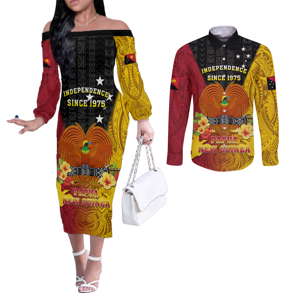 Personalized Papua New Guinea Independence Day Couples Matching Off The Shoulder Long Sleeve Dress and Long Sleeve Button Shirts Bird Of Paradise With Polynesian Pattern LT05 Yellow - Polynesian Pride
