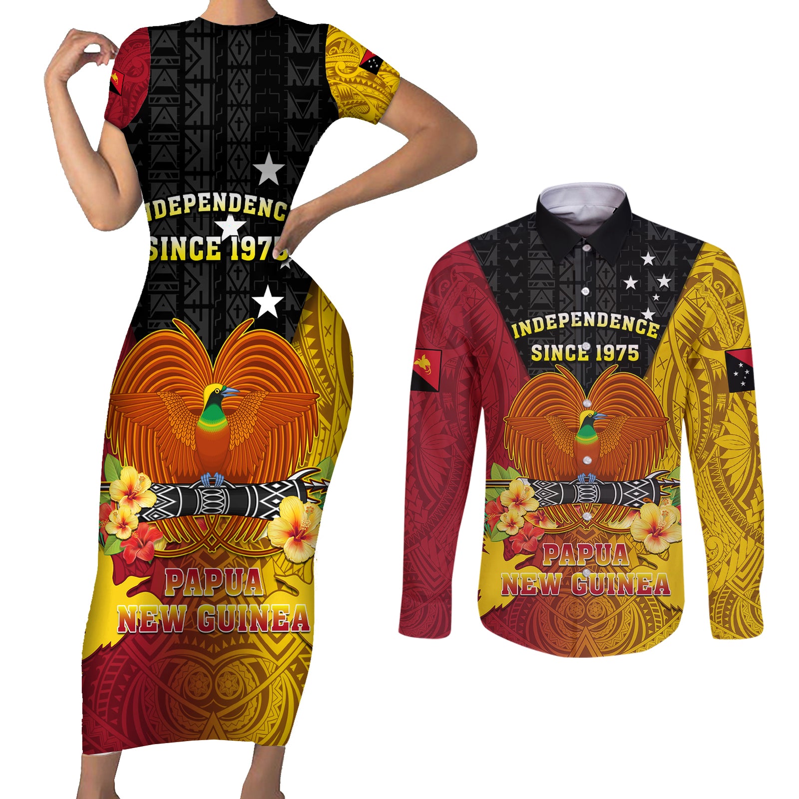 Personalized Papua New Guinea Independence Day Couples Matching Short Sleeve Bodycon Dress and Long Sleeve Button Shirts Bird Of Paradise With Polynesian Pattern LT05 Yellow - Polynesian Pride