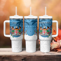 Personalised Fiji Tumbler With Handle Coat Of Arms Tagimoucia With Fijian Tapa Pattern LT05 - Polynesian Pride