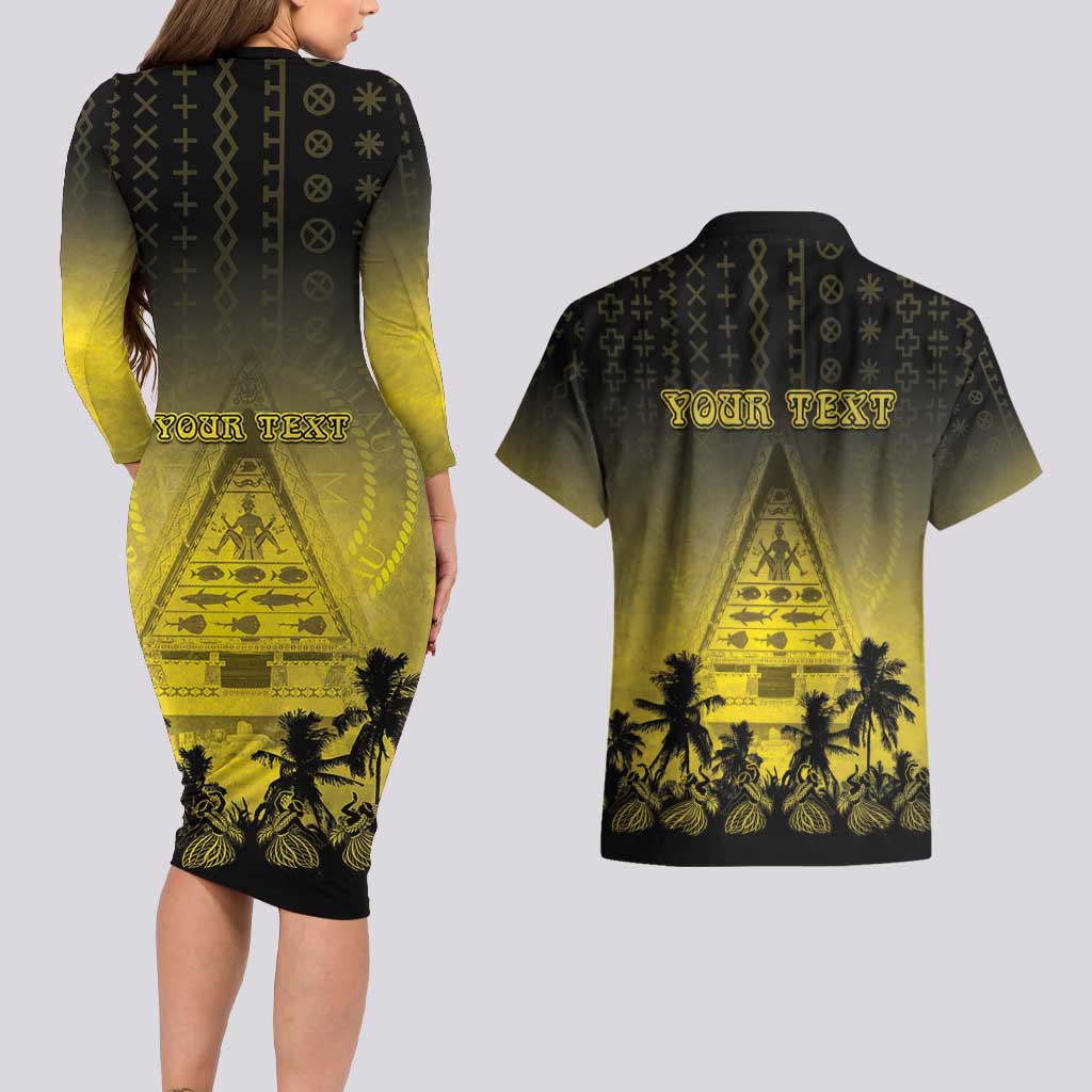 Personalised Palau Independence Day Couples Matching Long Sleeve Bodycon Dress and Hawaiian Shirt Palauan Tattoo Pattern LT05 - Polynesian Pride