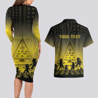 Personalised Palau Independence Day Couples Matching Long Sleeve Bodycon Dress and Hawaiian Shirt Palauan Tattoo Pattern LT05 - Polynesian Pride