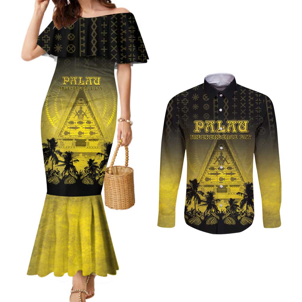 Personalised Palau Independence Day Couples Matching Mermaid Dress and Long Sleeve Button Shirt Palauan Tattoo Pattern - Polynesian Pride