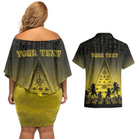 Personalised Palau Independence Day Couples Matching Off Shoulder Short Dress and Hawaiian Shirt Palauan Tattoo Pattern - Polynesian Pride