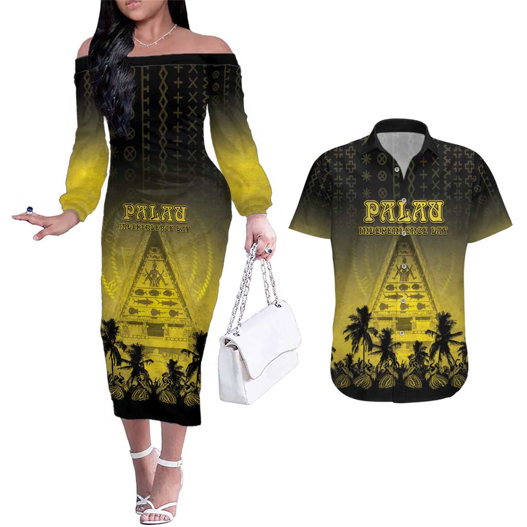 Personalised Palau Independence Day Couples Matching Off The Shoulder Long Sleeve Dress and Hawaiian Shirt Palauan Tattoo Pattern LT05 Black - Polynesian Pride