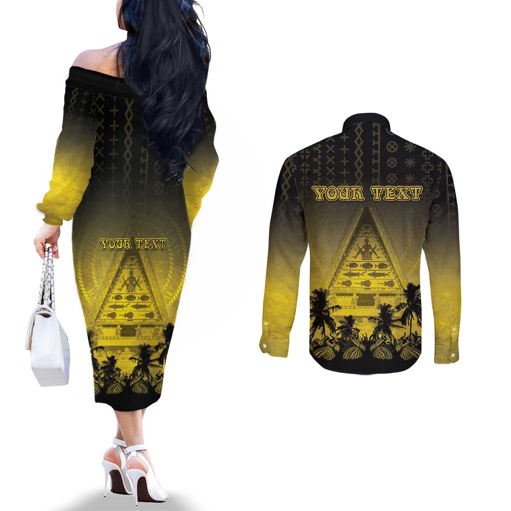 Personalised Palau Independence Day Couples Matching Off The Shoulder Long Sleeve Dress and Long Sleeve Button Shirt Palauan Tattoo Pattern LT05 - Polynesian Pride