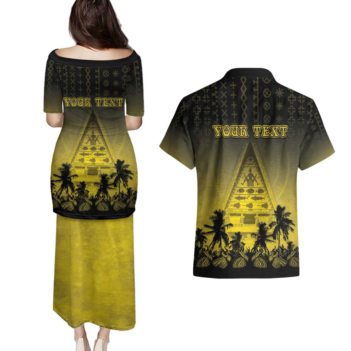 Personalised Palau Independence Day Couples Matching Puletasi and Hawaiian Shirt Palauan Tattoo Pattern - Polynesian Pride
