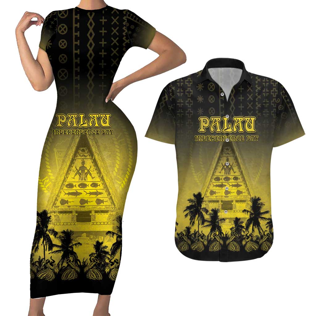 Personalised Palau Independence Day Couples Matching Short Sleeve Bodycon Dress and Hawaiian Shirt Palauan Tattoo Pattern LT05 Black - Polynesian Pride