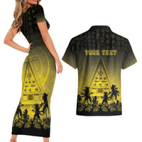 Personalised Palau Independence Day Couples Matching Short Sleeve Bodycon Dress and Hawaiian Shirt Palauan Tattoo Pattern LT05 - Polynesian Pride