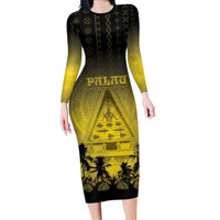 Personalised Palau Independence Day Family Matching Long Sleeve Bodycon Dress and Hawaiian Shirt Palauan Tattoo Pattern LT05 Mom's Dress Black - Polynesian Pride