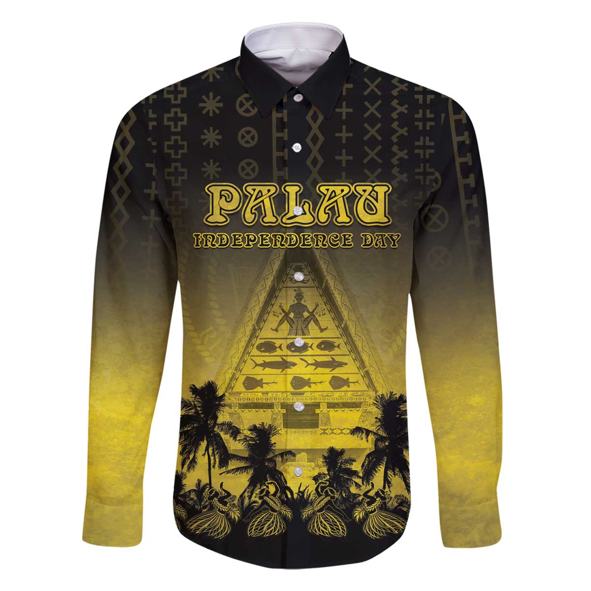 Personalised Palau Independence Day Family Matching Off The Shoulder Long Sleeve Dress and Hawaiian Shirt Palauan Tattoo Pattern LT05 Dad's Shirt - Long Sleeve Black - Polynesian Pride