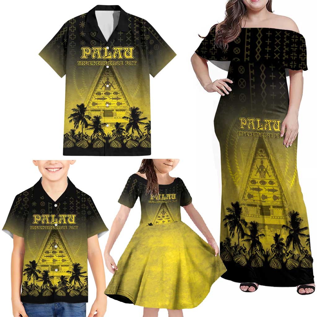 Personalised Palau Independence Day Family Matching Off Shoulder Maxi Dress and Hawaiian Shirt Palauan Tattoo Pattern LT05 - Polynesian Pride
