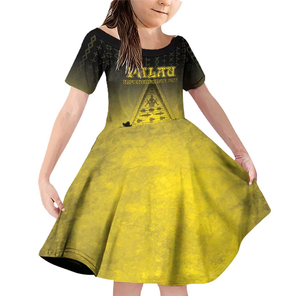 Personalised Palau Independence Day Family Matching Off Shoulder Short Dress and Hawaiian Shirt Palauan Tattoo Pattern LT05 Daughter's Dress Black - Polynesian Pride