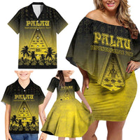 Personalised Palau Independence Day Family Matching Off Shoulder Short Dress and Hawaiian Shirt Palauan Tattoo Pattern LT05 - Polynesian Pride