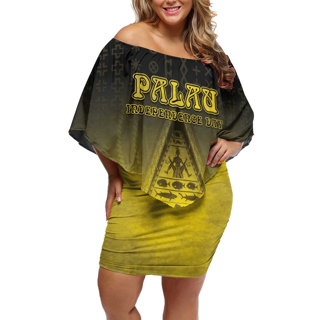 Personalised Palau Independence Day Family Matching Off Shoulder Short Dress and Hawaiian Shirt Palauan Tattoo Pattern LT05 Mom's Dress Black - Polynesian Pride