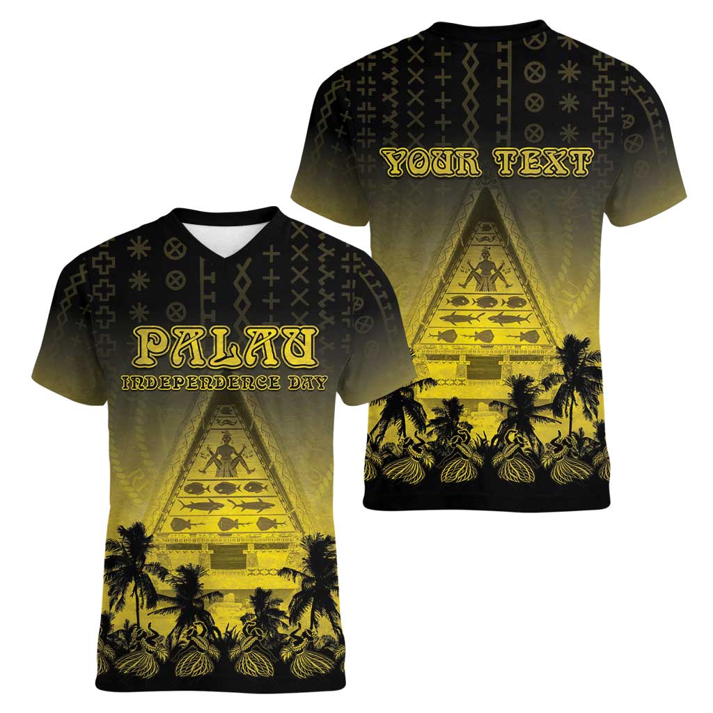 Personalised Palau Independence Day Women V-Neck T-Shirt Palauan Tattoo Pattern - Polynesian Pride