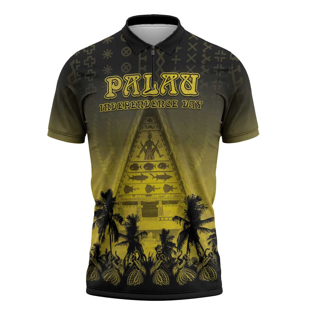 Personalised Palau Independence Day Zipper Polo Shirt Palauan Tattoo Pattern - Polynesian Pride
