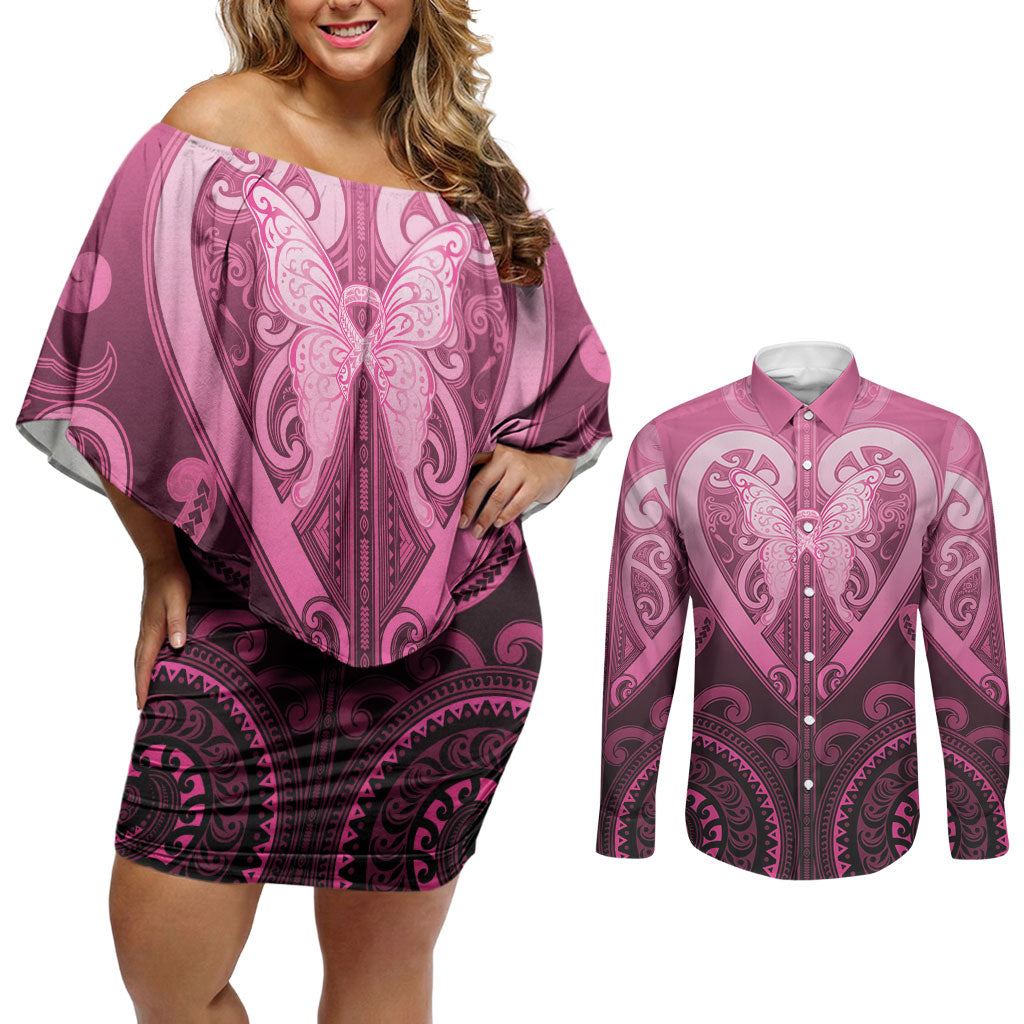 Aotearoa Breast Cancer Couples Matching Off Shoulder Short Dress and Long Sleeve Button Shirt Maori Tribal Pattern LT05 Pink - Polynesian Pride