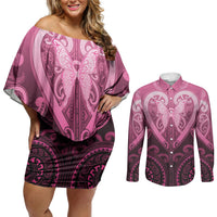 Aotearoa Breast Cancer Couples Matching Off Shoulder Short Dress and Long Sleeve Button Shirt Maori Tribal Pattern LT05 Pink - Polynesian Pride