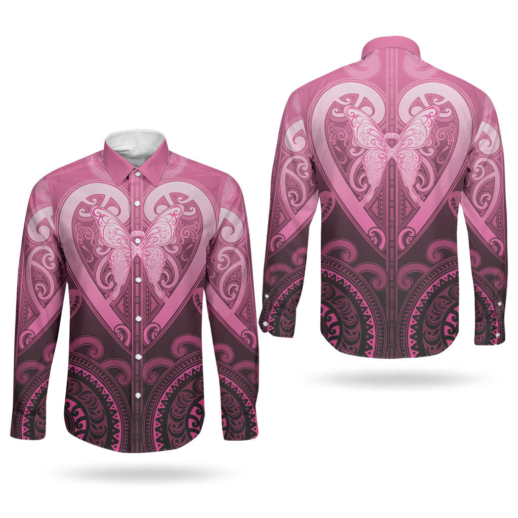 Aotearoa Breast Cancer Couples Matching Off Shoulder Short Dress and Long Sleeve Button Shirt Maori Tribal Pattern LT05 - Polynesian Pride