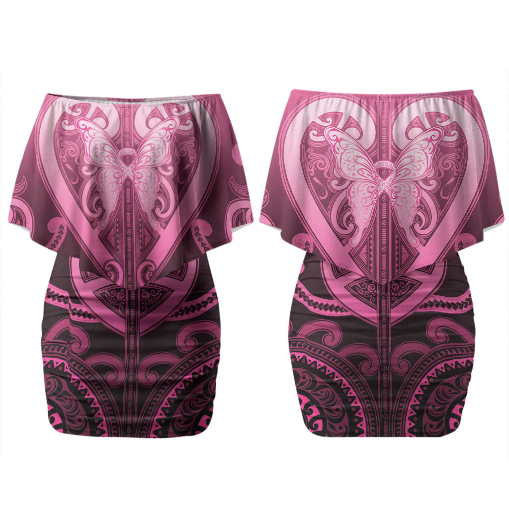 Aotearoa Breast Cancer Couples Matching Off Shoulder Short Dress and Long Sleeve Button Shirt Maori Tribal Pattern LT05 - Polynesian Pride