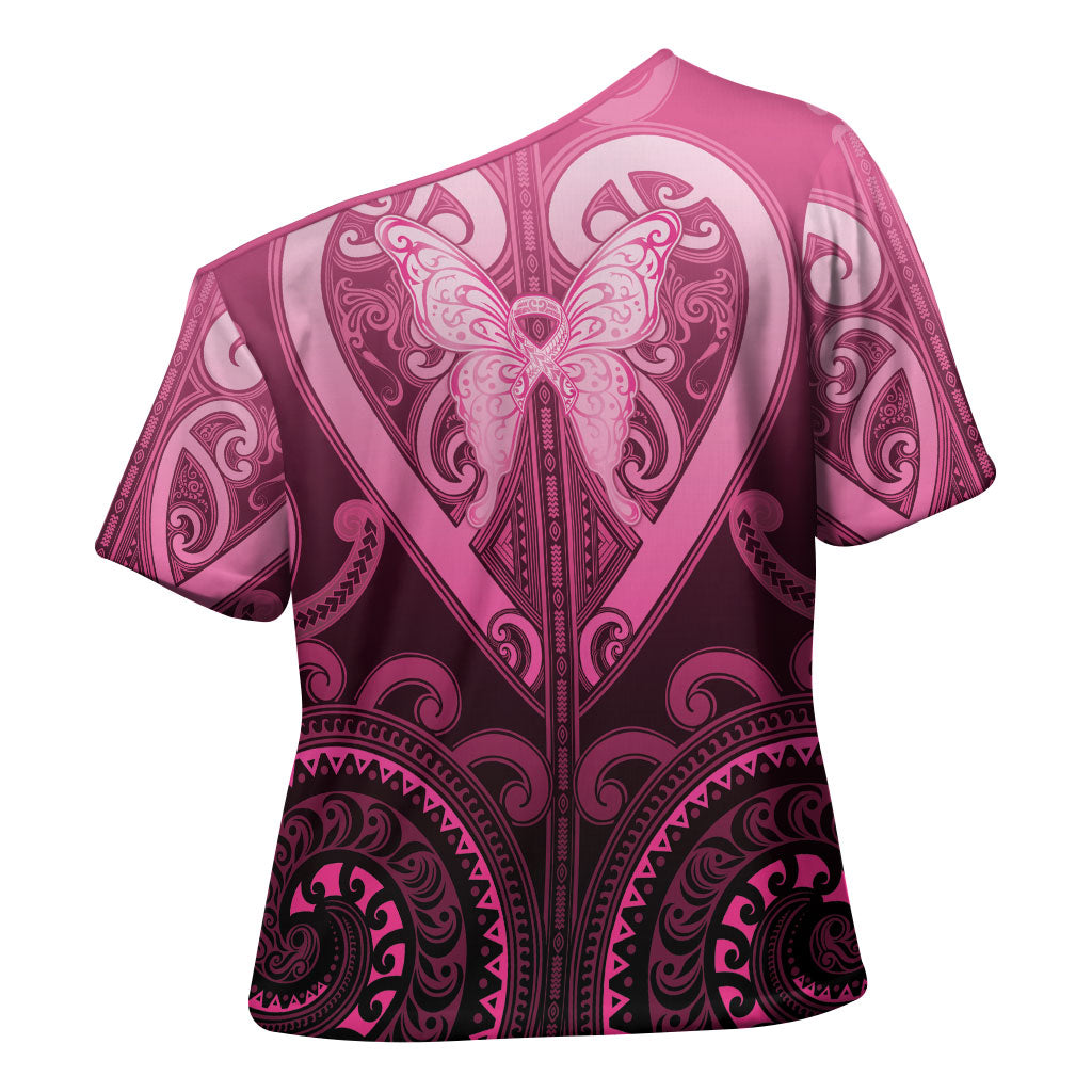 Aotearoa Breast Cancer Cross Shoulder Shirt Maori Tribal Pattern