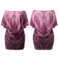 Aotearoa Breast Cancer Family Matching Off Shoulder Short Dress and Hawaiian Shirt Maori Tribal Pattern LT05 Mom's Dress Pink - Polynesian Pride
