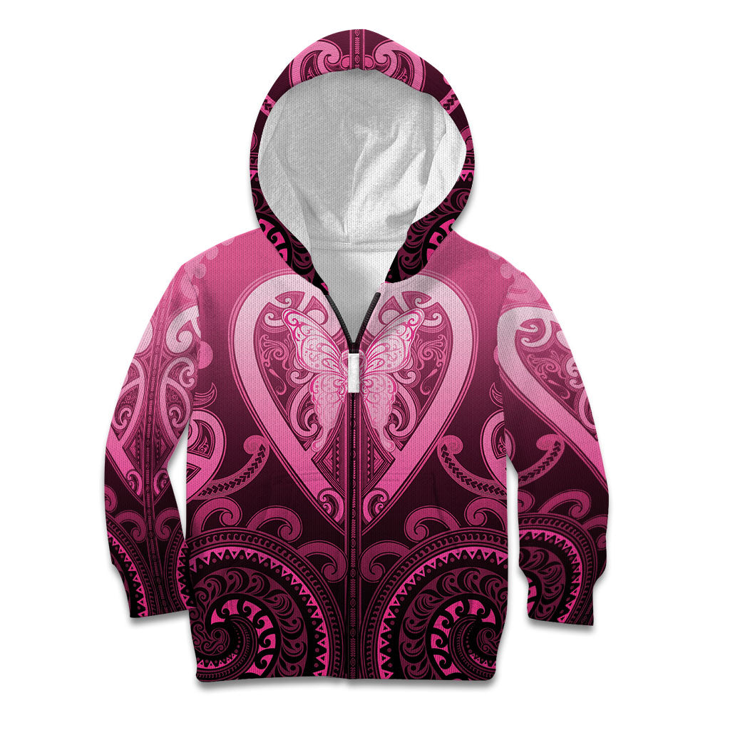 Aotearoa Breast Cancer Kid Hoodie Maori Tribal Pattern