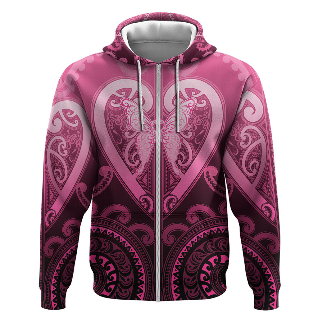 Aotearoa Breast Cancer Zip Hoodie Maori Tribal Pattern