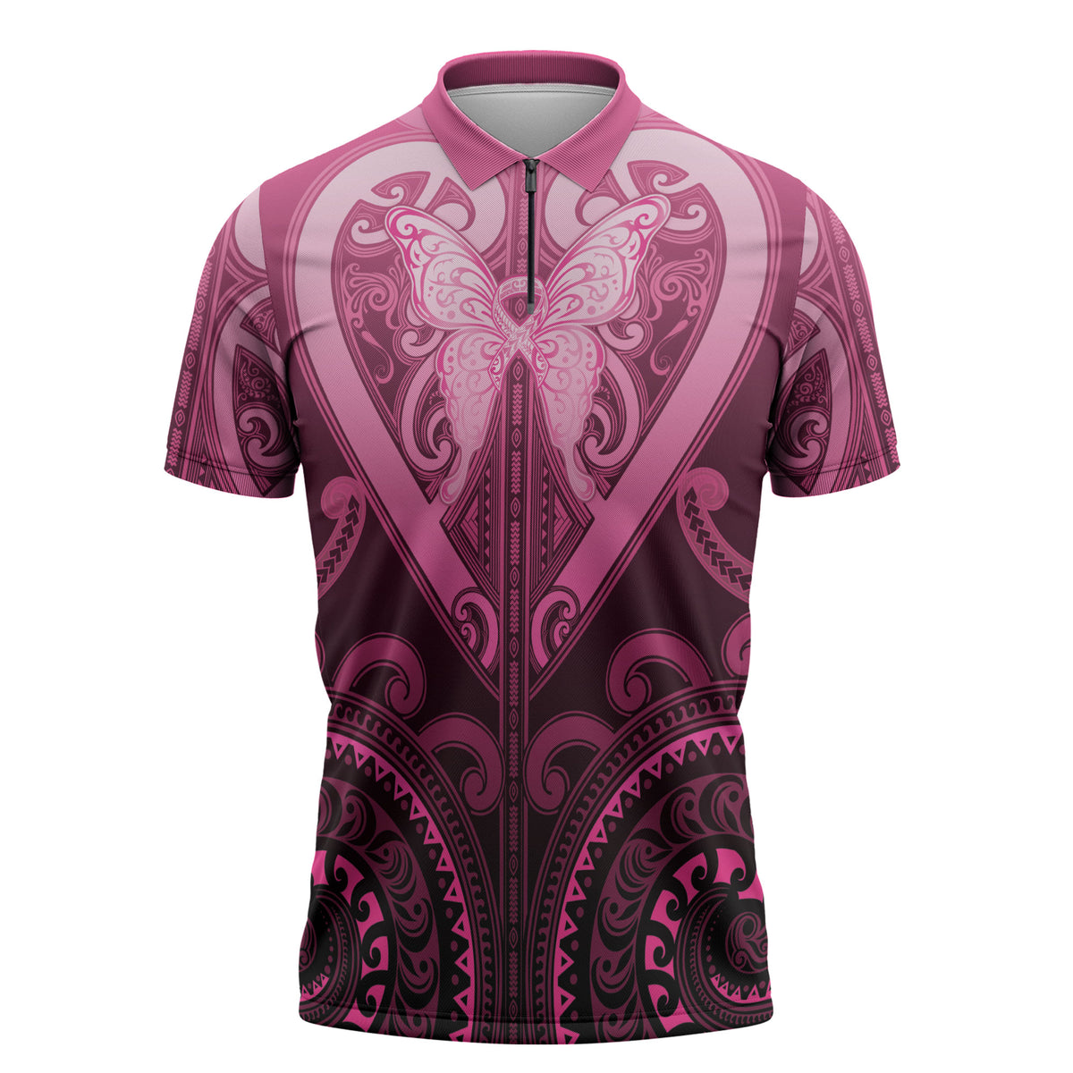 Aotearoa Breast Cancer Zipper Polo Shirt Maori Tribal Pattern