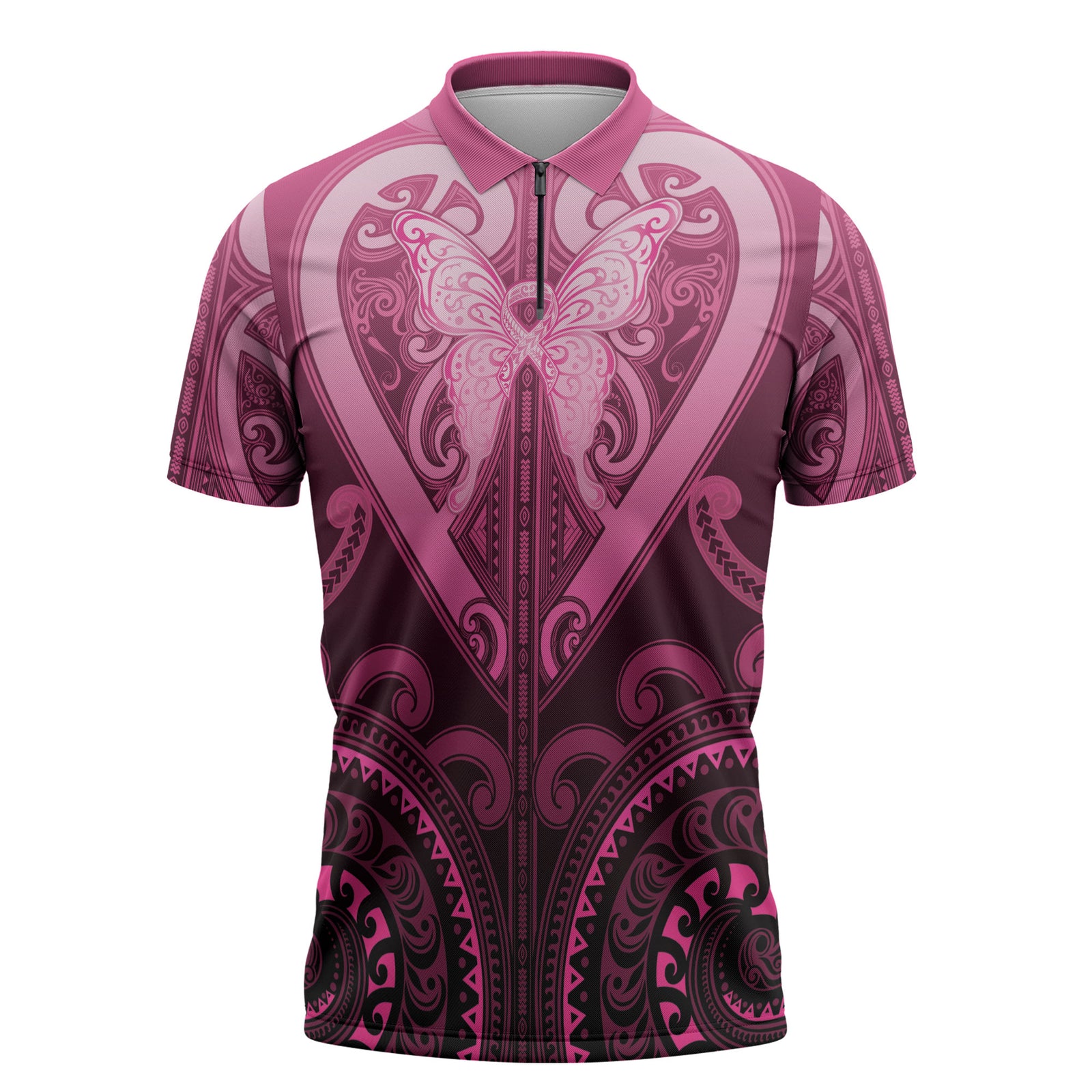 Aotearoa Breast Cancer Zipper Polo Shirt Maori Tribal Pattern