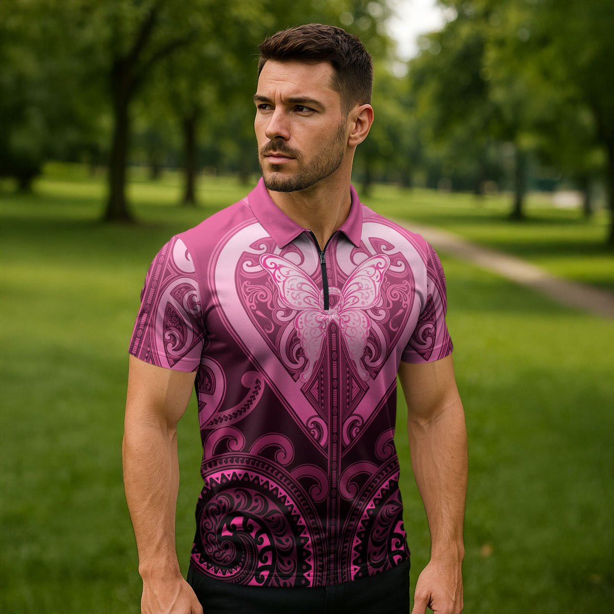 Aotearoa Breast Cancer Zipper Polo Shirt Maori Tribal Pattern