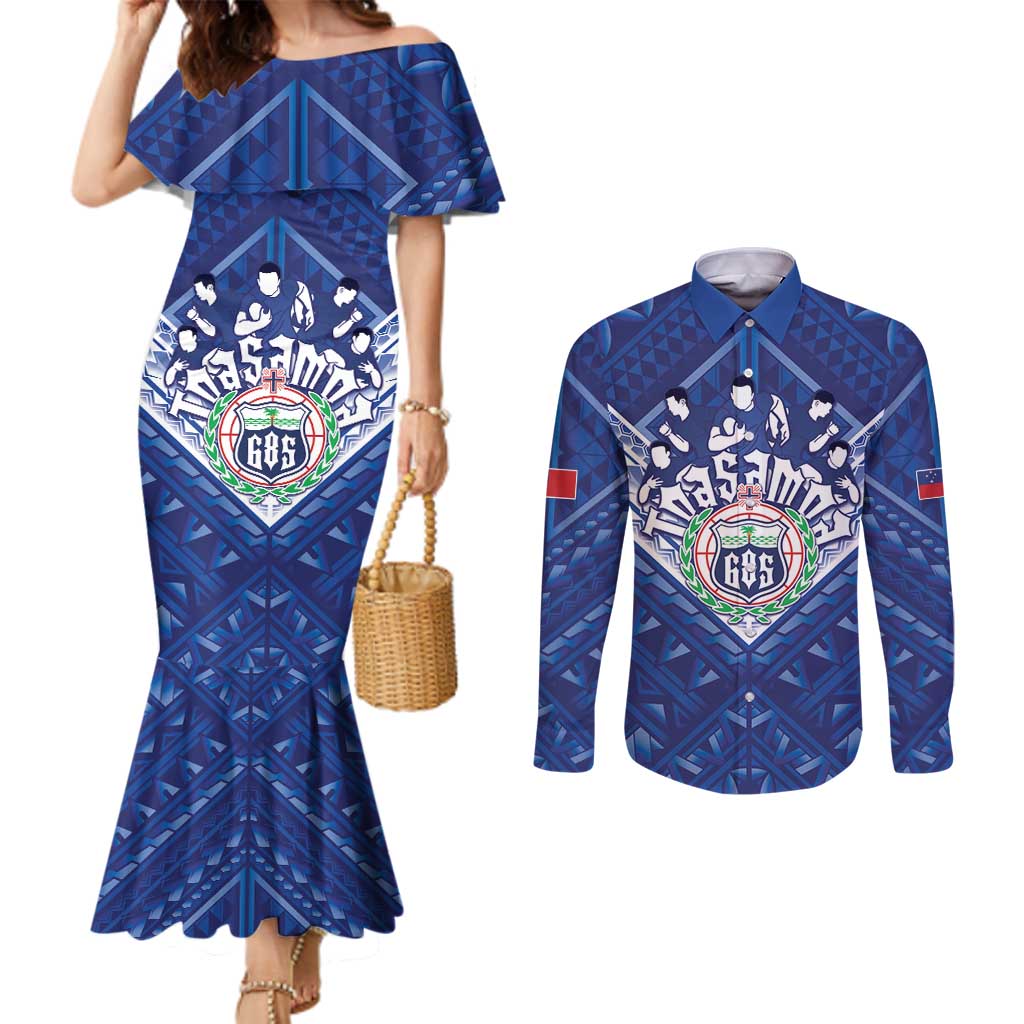Toa Samoa Rugby Custom Couples Matching Mermaid Dress and Long Sleeve Button Shirt Samoan Pride With Tribal Pattern - Polynesian Pride