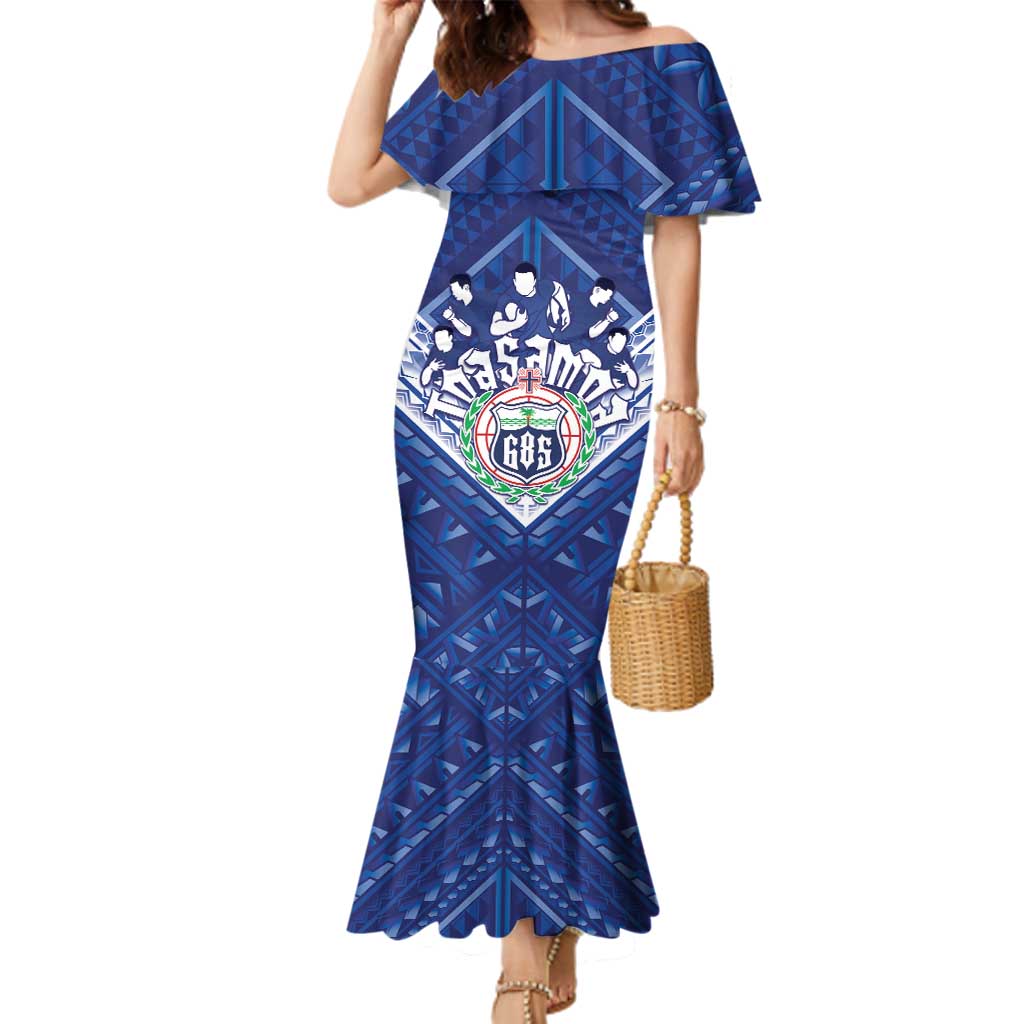 Toa Samoa Rugby Custom Family Matching Mermaid Dress and Hawaiian Shirt Samoan Pride With Tribal Pattern LT05 Mom's Dress Blue - Polynesian Pride