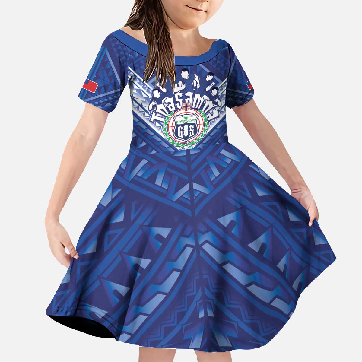 Toa Samoa Rugby Custom Family Matching Off The Shoulder Long Sleeve Dress and Hawaiian Shirt Samoan Pride With Tribal Pattern LT05 Daughter's Dress Blue - Polynesian Pride