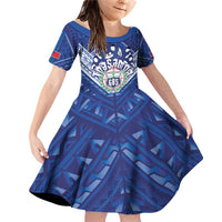 Toa Samoa Rugby Custom Family Matching Off Shoulder Short Dress and Hawaiian Shirt Samoan Pride With Tribal Pattern LT05 Daughter's Dress Blue - Polynesian Pride