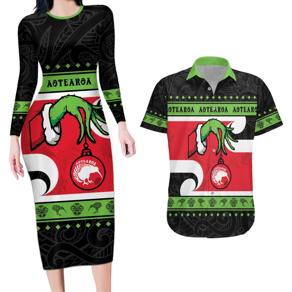 New Zealand Funny Christmas Couples Matching Long Sleeve Bodycon Dress and Hawaiian Shirt Maori Tiki LT05 Black - Polynesian Pride