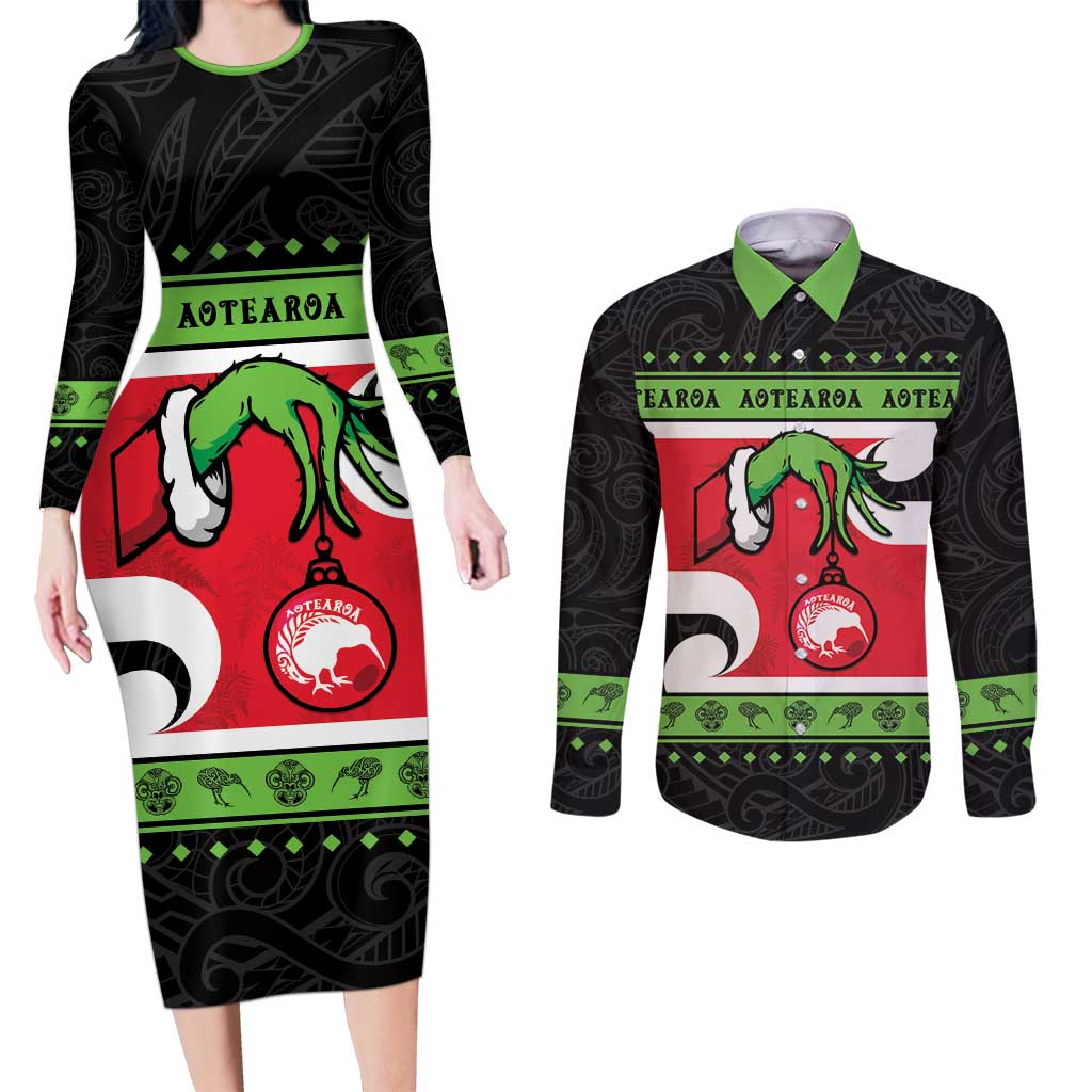 New Zealand Funny Christmas Couples Matching Long Sleeve Bodycon Dress and Long Sleeve Button Shirt Maori Tiki LT05 Black - Polynesian Pride